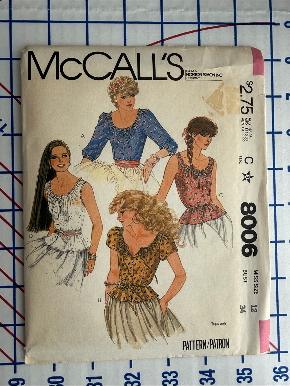Vintage 1982 McCall’s 8006 Peasant Blouse Pattern Size 12 Bust 34 Uncut